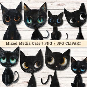 Halloween Black Cats Clipart, Mixed Media grillige PNG + JPG Instant Downloads, Big Eyes magische collage ongewenste dagboek digitale benodigdheden