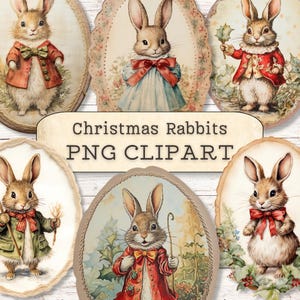 May include: Six digital illustrations of Christmas rabbits in oval frames. Each rabbit is wearing a different outfit and has a different expression. The text "Christmas Rabbits PNG CLIPART" is displayed below the images.