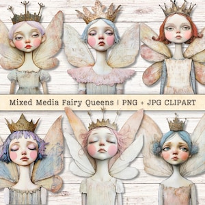 Technique mixte Fairy Queens Clipart, couronnes d'ailes, Texture grunge, téléchargements instantanés PNG, collage Style Junk Journal fournitures numériques