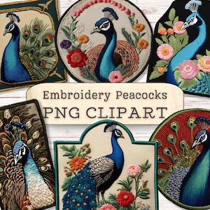 May include: Embroidered peacock designs in various colors and patterns. The designs are on a white background with the text "Embroidery Peacocks PNG CLIPART".