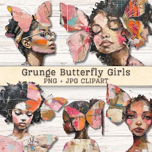 Puede incluir: Obra de arte digital que presenta cinco retratos de mujeres con alas de mariposa. El arte de estilo grunge utiliza tonos rosas, naranjas y azules. El texto "Grunge Butterfly Girls PNG + JPG CLIPART" está visible en la imagen.