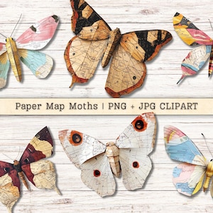 Imágenes prediseñadas de polillas de mapas de papel, alas de técnica mixta, descargas instantáneas PNG + JPG antiguas, imágenes estilo collage de origami, suministros digitales para revistas basura