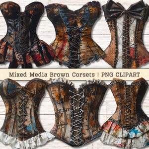 Technique mixte corsets Clipart, Illustration, journal d'art marron Style vintage, agenda numérique PNG pour album, collage téléchargement immédiat