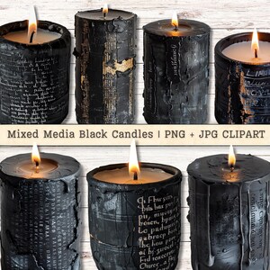 Clipart de velas pretas de Halloween, texto de mídia mista em PNG + JPG desgastado para download instantâneo, suprimentos digitais de diário de colagem mágica antiga