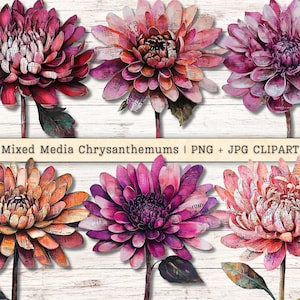 Könnte beinhalten: Chrysanthemen in Mischtechnik in verschiedenen Rosa-, Rot- und Orangetönen. Die Blütenblätter bestehen aus Papier mit Text, und die Stiele haben grüne Blätter. Das Bild enthält den Text "Mixed Media Chrysanthemums | PNG + JPG CLIPART".