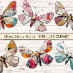 May include: A collection of mixed media moth clip art in various colors, including pink, orange, and blue. The moths have textured wings and are arranged on a white wooden background. The text "Mixed Media Moths | PNG + JPG CLIPART" is displayed.
