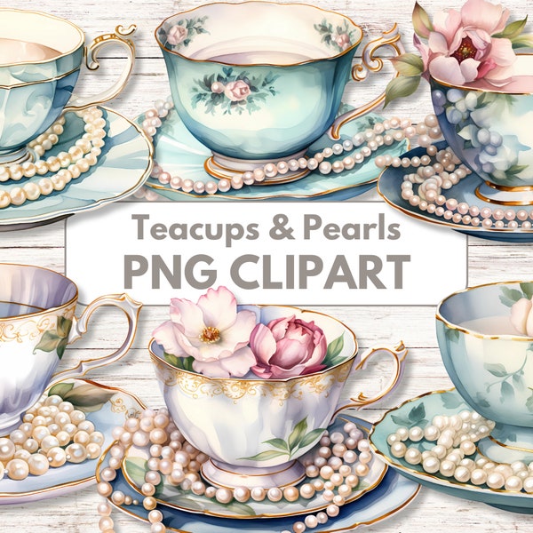 Watercolor Teacups and Pearls Clipart, Vintage, Shabby Chic Teacup Illustrations, PNG, Commercial Use, Graphics, Collage, Scrapbooking