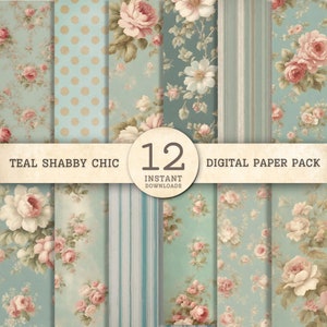 May include: A digital paper pack with 12 teal and floral patterns. The patterns include a polka dot pattern, a floral pattern with pink roses, a striped pattern, and a floral pattern with white flowers. The text "Teal Shabby Chic" and "12 Instant Downloads" is on the image.