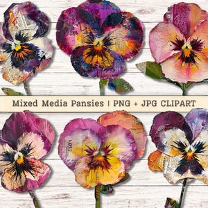 Mixed Media Pansies Flowers Clipart, Grunge Texture Distressed PNG + JPG Instant Download, Painterly Collage Style Pansy Junk Journal Supply