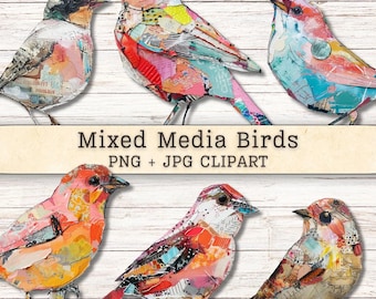 Mixed Media Birds Clipart, Grunge Texture Distressed PNG + JPG Instant Downloads, Painterly Collage Style Junk Journal Digital Supplies