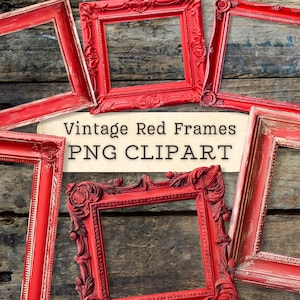 Vintage rode frames clipart, digitale png-afbeelding downloaden, krijtverf, antieke vintage, shabby chic collagevoorraad, scrapbooking, junkjournaal