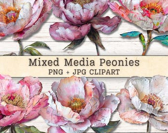 Mixed Media Peonies Flowers Clipart, Grunge Texture Distressed PNG + JPG Instant Download, Painted Collage Style Junk Journal Digital Supply