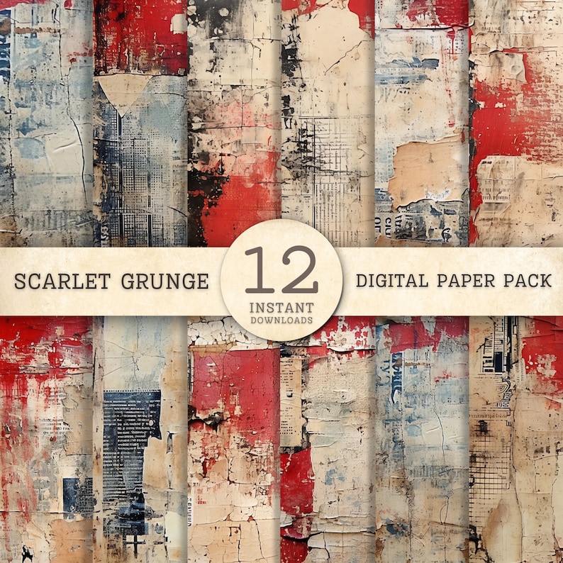 Shabby Grunge Digital Paper, Printable Collage Scrapbook Texture Pack ...