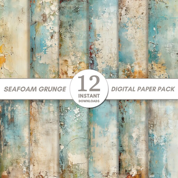 Shabby Grunge Digital Paper, Printable Collage Scrapbook Texture Paper Pack, Seafoam, Aqua, Blue, Mixed Media Art, Background, Junk Journal
