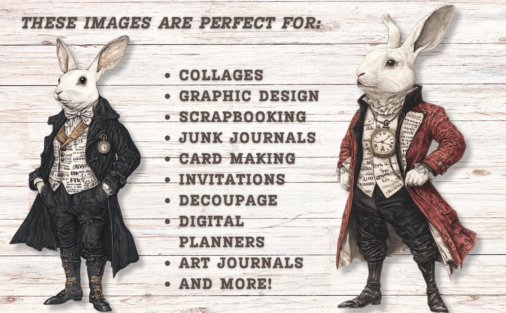 Mixed Media White Rabbits Clipart, Vintage Text Males Suits PNG + JPG ...