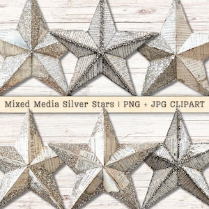 Clipart étoiles argentées techniques mixtes, collage vintage shabby chic scintillant, papier de journalisation indésirable pour scrapbooking, téléchargement numérique instantané PNG + JPEG