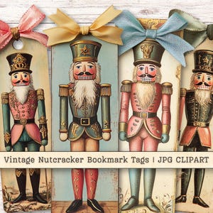 Kerst Notenkraker bladwijzer Tags Clipart, Vintage strikken, Scrapbooking Junk Journaling, Paper Crafting, vakantie-uitnodiging, JPG downloaden