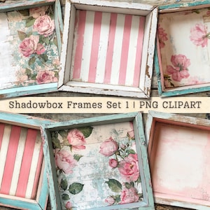 Conjunto de imágenes prediseñadas de marcos de caja de sombras 1, descarga de imágenes digitales, rosas antiguas de madera desportillada, collage shabby chic, diario de recortes rosa