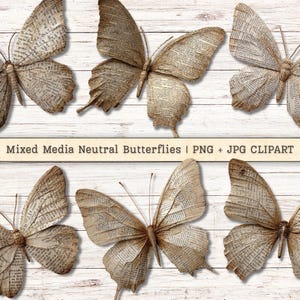 May include: A collection of paper butterflies with a vintage aesthetic. The butterflies are crafted from pages of old books, displaying text and varying shades of brown. The image includes the text "Mixed Media Neutral Butterflies | PNG + JPG CLIPART".