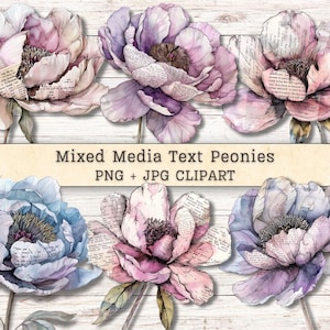 Mixed Media Peonies Clipart, Text Watercolor Flowers Grunge Distressed  Instant Digital Downloads, Ink Collage Style Junk Journal PNG + JPG