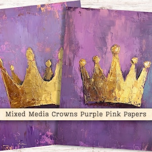 Corone di media misti, carta digitale Clipart, oro viola rosa grunge download immediato, collage di sfondo rovinato corona Junk Journal Supply