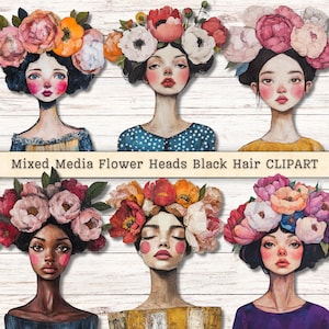Mixed Media bloemhoofdjes clipart, zwart haar eigenzinnige vrouwen meisjes, grunge textuur noodlijdende instant downloads, collage ongewenste dagboek digitaal