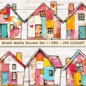 Zestaw 1 clipartów Mixed Media Houses, Grunge Texture Distressed PNG JPG Instant Downloads, Malarski styl kolażu Junk Journal Digital Supplies