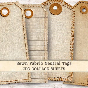 May include: Four rectangular fabric tags in neutral beige tones, each featuring a circular hole reinforced with a brown ring. The tags display visible stitching along the edges and one tag includes horizontal lines. Text reads: Sewn Fabric Neutral Tags JPG COLLAGE SHEETS.