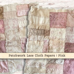 Patchwork Lace Cloth Digital Paper, Sewn Silk Thread Mixed Media Pink Printable Vintage Junk Journal Background, Scrapbook Instant Download