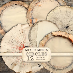 Círculos de mídia mista, papel texturizado para impressão, itens efêmeros de linha costurados à mão, fundo de diário de lixo vintage, scrapbooking desgastado