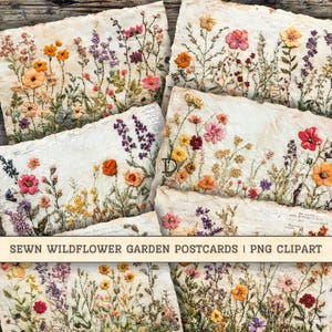 Cartes postales cousues de jardin de fleurs sauvages, broderie d'art populaire en téléchargement numérique, fleurs texte indésirable Journal fournitures collage arrière-plans Scrapbooking