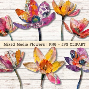 ミックスメディアの花のクリップアート、グランジテクスチャのディストレストPNG + JPGの即時ダウンロード、絵画風コラージュスタイルのジャンクジャーナルデジタルサプライ