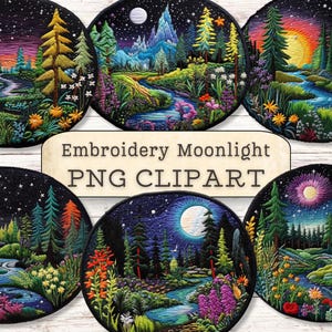 Clipart nature clair de lune, patchs de broderie numériques, scène de nuit, étoiles, PNG, collage, scrapbooking, journal, travaux manuels en papier, fabrication de cartes