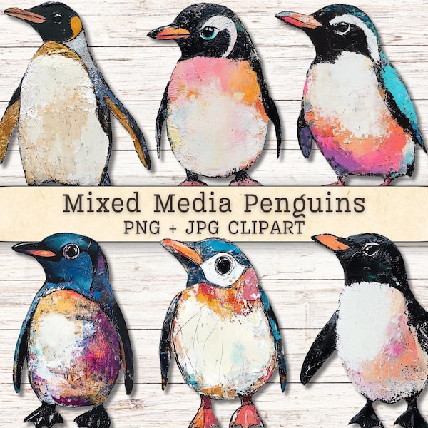 Mixed Media Penguins Clipart, Grunge Texture Distressed PNG + JPG Instant Downloads, Painterly Collage Style Junk Journal Digital Supplies