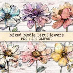 Mixed media bloemen clipart, tekst aquarel grunge noodlijdende png + jpg instant downloads, inkt collage stijl ongewenste dagboek digitale benodigdheden