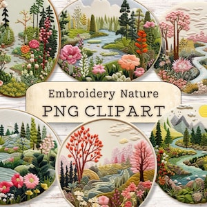Natur Clipart, digitale Stickerei Aufnäher, Bäume, Berge, Märchenbuch Szene, PNG, Collage, Scrapbooking, Journal, Papierhandwerk, Kartenherstellung
