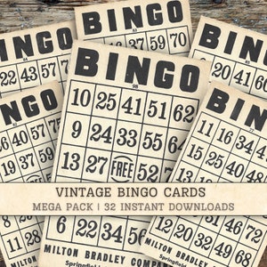 Download digital de cartelas de bingo vintage, lote de cartelas dos anos 1950, números de texto bege, itens efêmeros, suprimentos para diário de lixo para impressão, folhas de colagem
