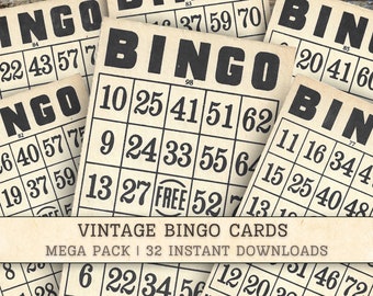 May include: Vintage bingo cards with a black and white design. The cards have numbers from 1 to 75 and the word "Bingo" at the top. The cards are on a wooden background.