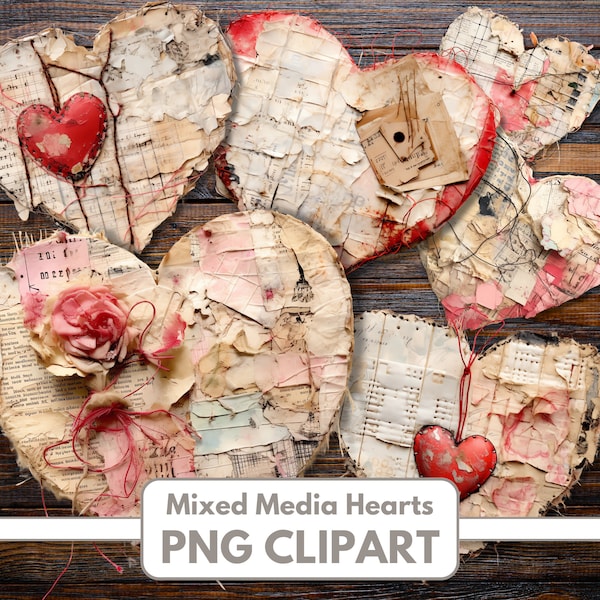 Mixed Media Hearts Clipart, PNG Digital Downloads, Shabby Chic Vintage Collage, Scrapbooking, Junk Journal, Valentine's Day Bundle, Texture