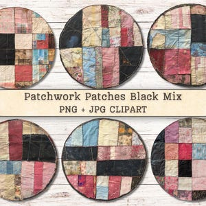 Patchwork Patches Clipart, Folk Art Black Sewn PNG JPG Digital Downloads, Threads Vintage Collage, Scrapbooking, Junk Journal, Printable