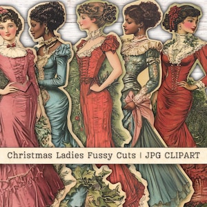 Cortes Fussy de Senhoras de Natal Clipart, Antiguidade Vitoriana, Scrapbooking Junk Journaling, Artesanato em Papel, Bonecas Bonitas, Vestido de Fantasia JPG