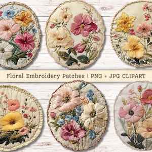 Patchs de broderie florale cousus art folklorique vintage fleurs en téléchargement numérique Antique indésirable journal fournitures collage arrière-plans scrapbooking PNG