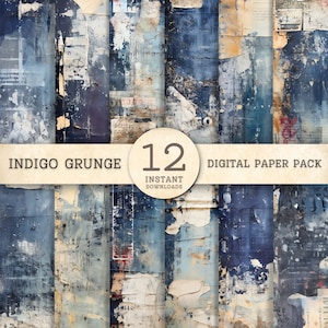 Papier numérique grunge minable, paquet de papier texturé collage scrapbooking, bleu indigo, techniques mixtes, arrière-plan, toile de fond, cadeau pour fille