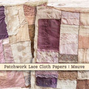 Patchwork dentelle tissu papier numérique, fil de soie cousu technique mixte mauve imprimable vintage Junk Journal fond, scrapbooking téléchargement immédiat