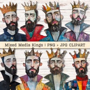 Imágenes prediseñadas de Reyes en técnica mixta, hombres peculiares, textura grunge desgastada PNG + JPG descargas instantáneas, suministros digitales para diario basura estilo collage