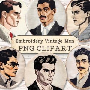 Vintage Männer Clipart, Stickerei-Stil Aufnäher, 50er Jahre, Steampunk PNG, Collage, Scrapbooking, Journal, Papier Handwerk, Kartenherstellung, Gebührenfrei