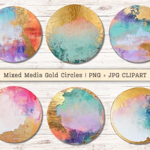 Clipart de cercles dorés en techniques mixtes, texture de peinture ancienne grunge ronde, téléchargement instantané, collage pictural, fournitures numériques Junk Journal