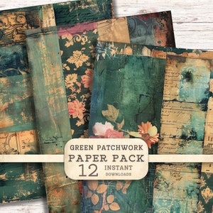 Carta digitale patchwork shabby grunge, collage stampabile, album di ritagli con texture floreale, verde, arte multimediale, sfondo, diario di spazzatura