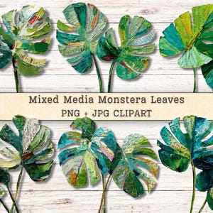 May include: Mixed media artwork featuring several green and blue Monstera leaves with brown stems. The leaves have a textured appearance, with visible brushstrokes and paper elements. The text "Mixed Media Monstera Leaves PNG + JPG CLIPART" is displayed on a tan banner.
