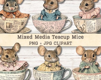 Puede incluir: Seis ilustraciones de ratones con ropa de estilo victoriano, cada uno sentado dentro de una taza de té decorativa. Las tazas presentan diseños florales y texto de periódico antiguo. El texto Mixed Media Teacup Mice PNG + JPG CLIPART está centrado.